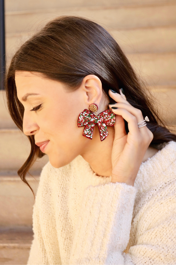 topped with a bow multi beaded earrings